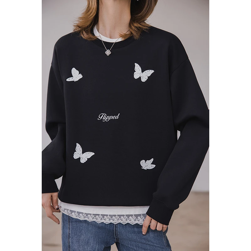 小谷粒小蝴蝶卫衣 宽松 撞色印花 螺纹拼接