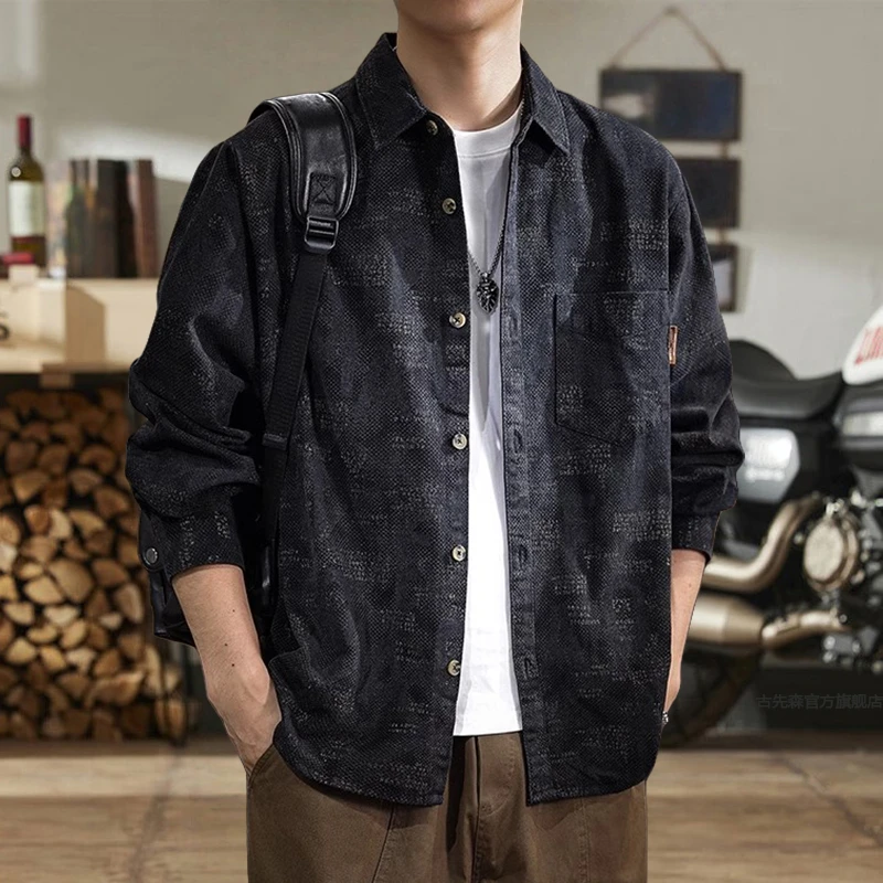 2025新款秋季高级黑色长袖男士衬衫美式春秋潮牌男款休闲衬衣外套