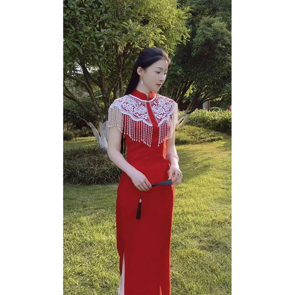 仙女云肩米白色流苏披肩镂空百搭配旗袍无袖