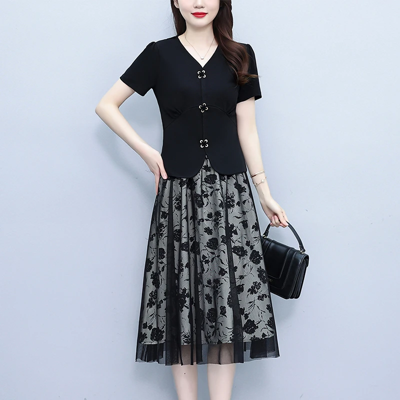 中妈妈时尚套装高级感两件套裙装显瘦夏季大码女上衣+半身裙子