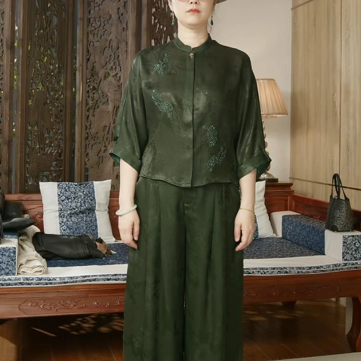 品叔&精工· 桑蚕丝提花花罗底罗红云纱中袖上衣长裤套装