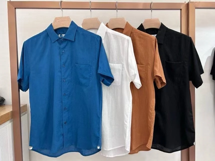 高定男装 LP 春夏新款25s  同色系扣子 口袋 亚麻短袖衬衫 SY002