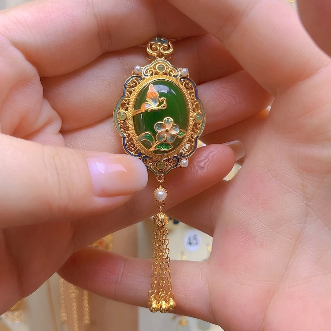 和田玉银S925镀金镶嵌颈饰