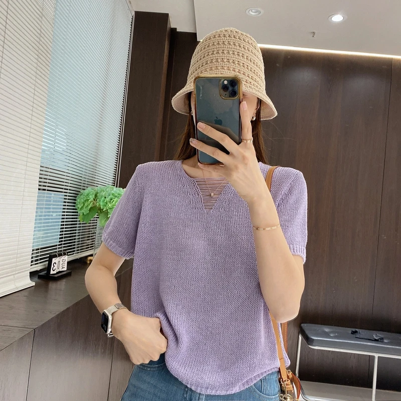 【专柜品质】欧若风V领纯色短袖针织