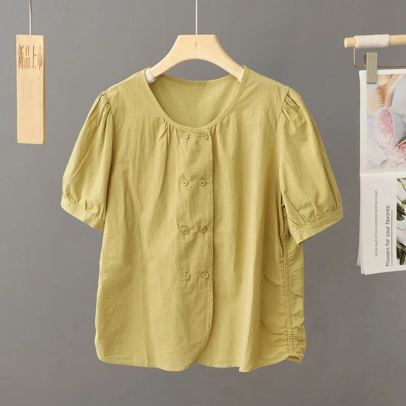 双排扣圆领短袖衬衫女2025夏季新款设计感小众小个子短款上衣小衫
