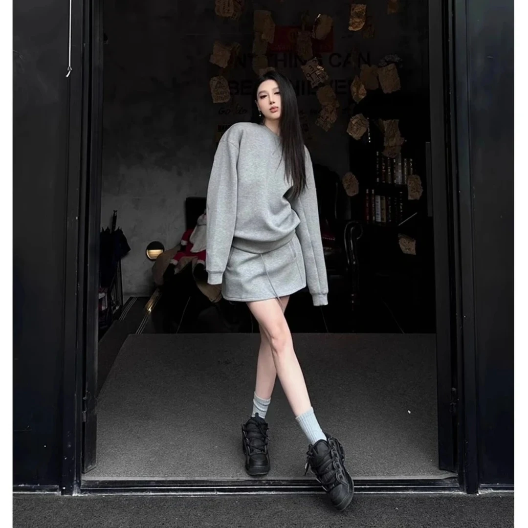 时髦运动套装裙女2025秋网红炸街复古美式辣妹休闲宽松卫衣两件套