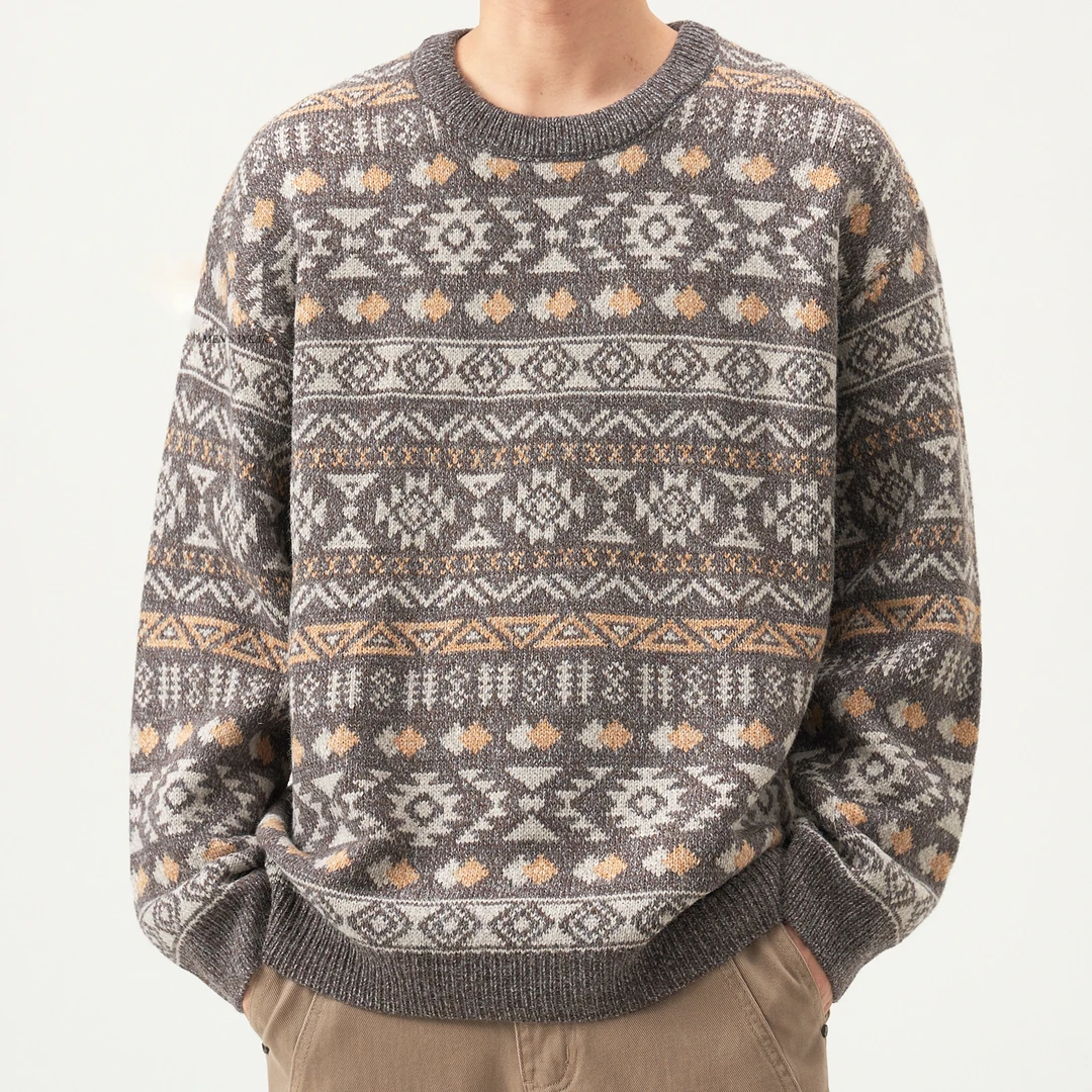 MR.MUDI/穆迪先生冬季美式复古花针织毛衣男圆领套头宽松慵懒上衣