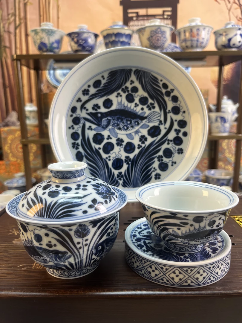 景德镇陶瓷仿元青花鱼藻纹4件套组盖碗压手杯盖置壶承