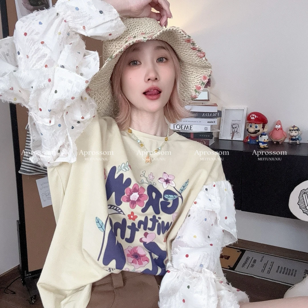 Apr.【波点夏花】拼接波点时尚休闲宽松圆领百搭数码印T恤女2502261