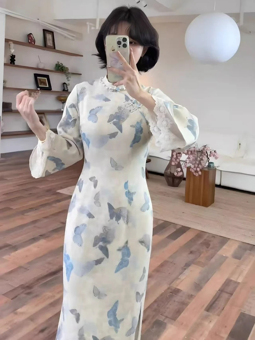 新中式国风长裙秋季收腰显瘦法式复古蝴蝶印花改良旗袍连衣裙女