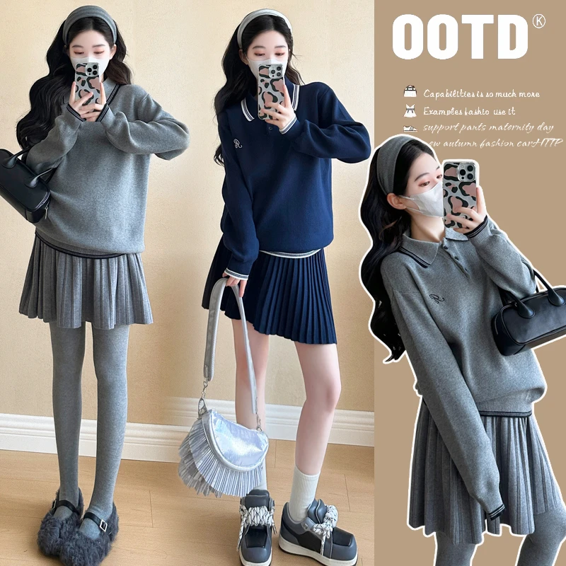 孕妇装秋冬新款翻领刺绣针织上衣可调节百褶短裙洋气显瘦两件套装