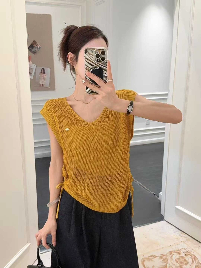 蝴蝶夏季毛针织衫u领短袖针织衫纯色镂空显瘦休闲