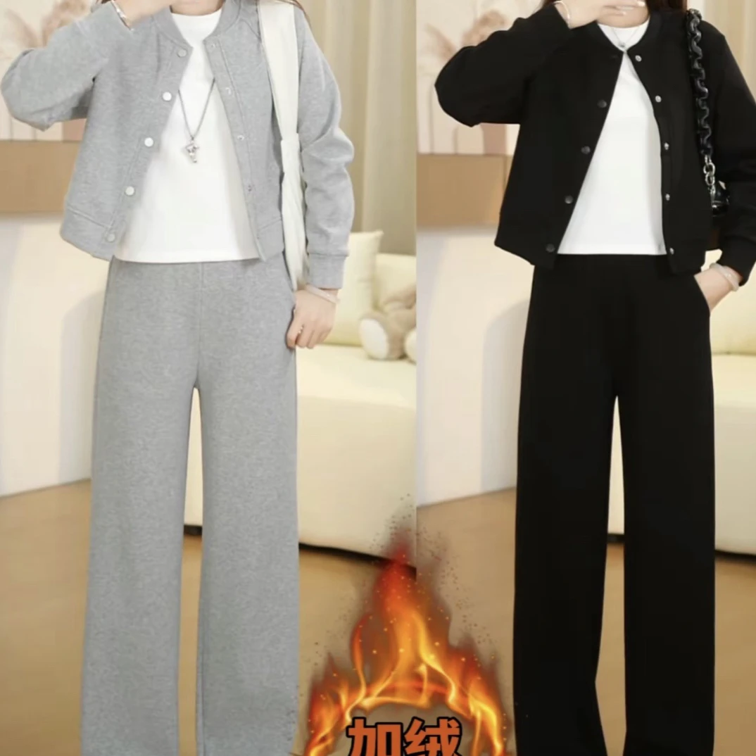 【图图】小个子改版秋冬加绒加厚休闲套装高品质简约高级气质