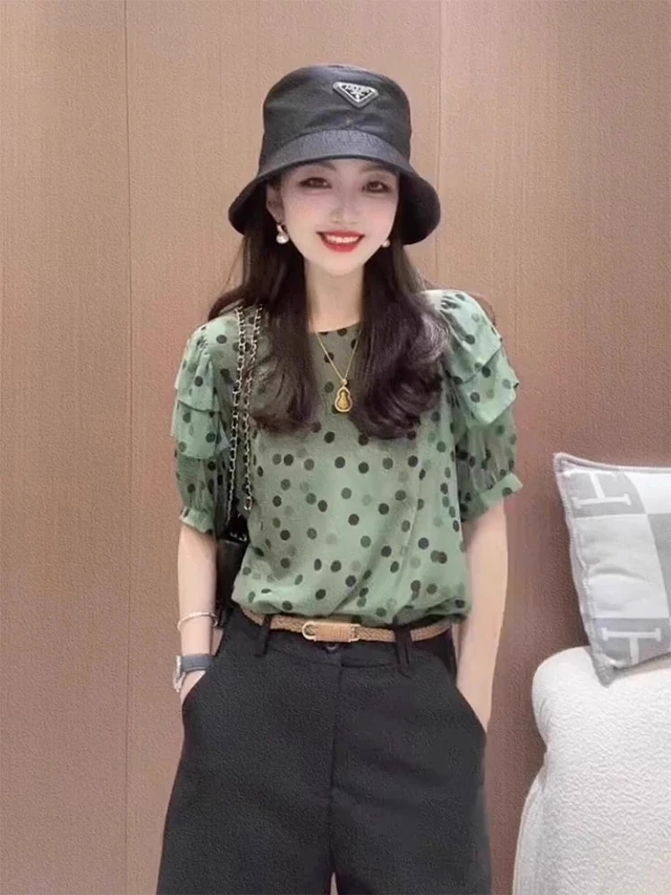 法式绿色波点雪纺衫女装2025夏季新款慵懒风洋气小衫独特别致上衣