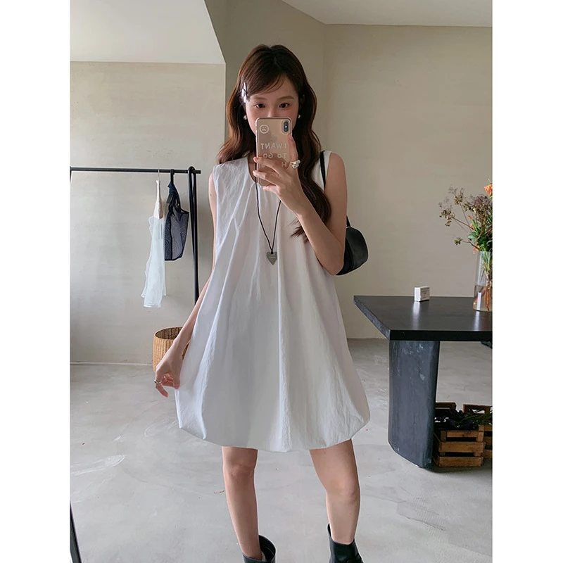 【减龄小泡芙色】圆领压褶背心连衣裙女夏季新款花苞裙设计感辣妹