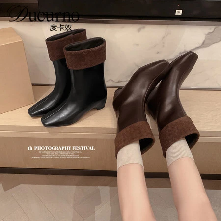 DUCURNO经典款方头内增高牛皮短靴女套筒气质马丁靴显瘦骑士靴子