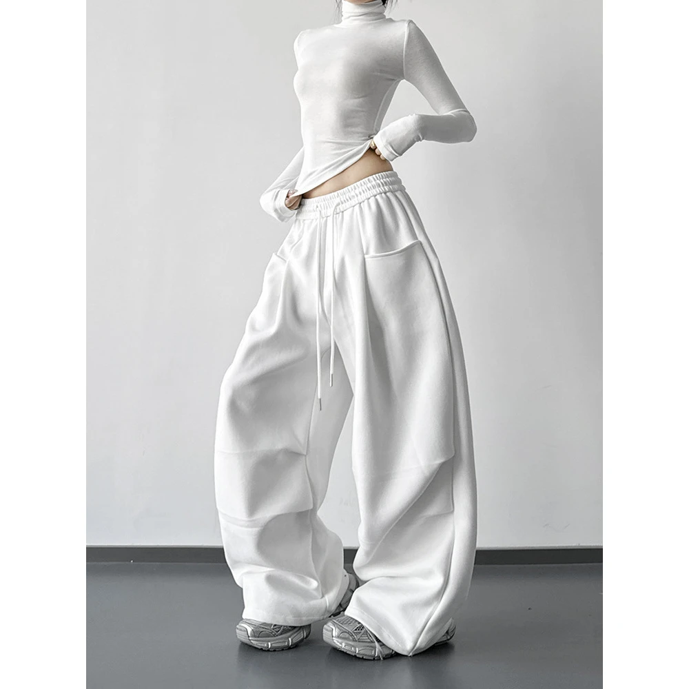 2025秋冬新款白色工装裤女抽绳设计感简约休闲裤宽松阔腿裤hiphop