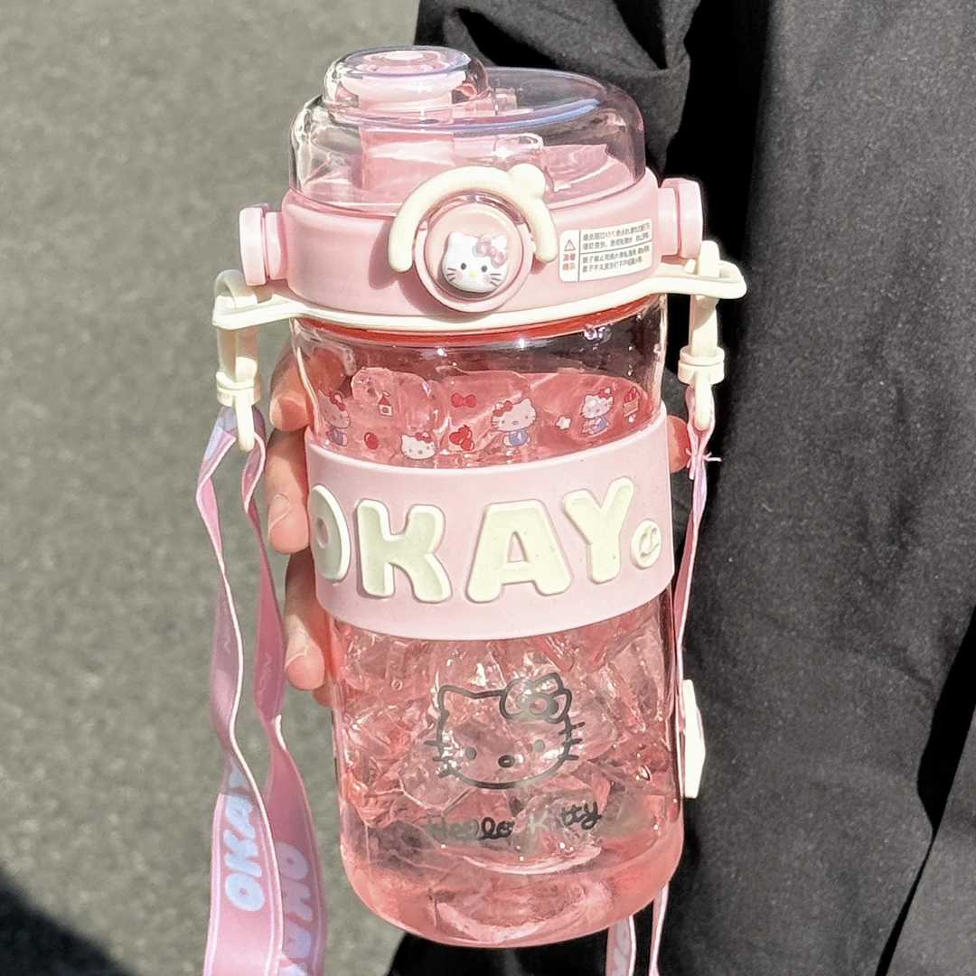 Kitty塑料水杯高颜值帕恰狗吸管杯便携学生儿童上学水壶双饮杯子