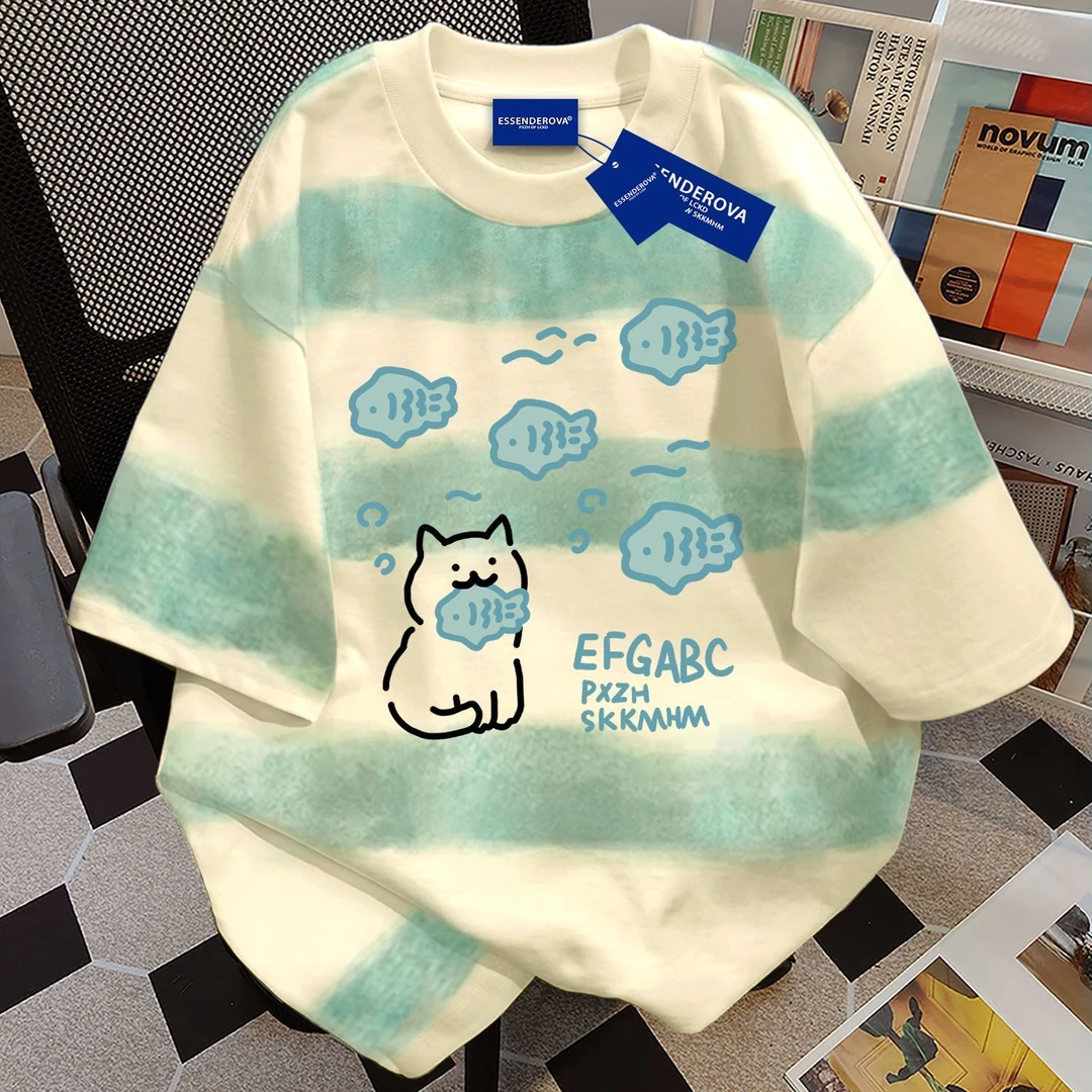 100%纯棉小众设计感短袖t恤男女夏季新款宽松扎染渐变条纹上衣ins