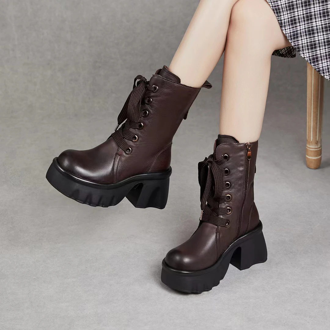 真皮厚底马丁靴冬季新款加绒皮靴英伦风靴子冬季粗跟百搭洋气女靴