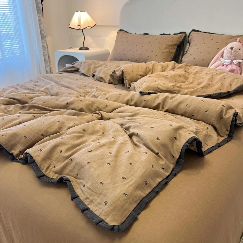 水星家纺适用复古风花边皱皱纱水洗棉双层纱四件套蝴蝶结纯棉学生