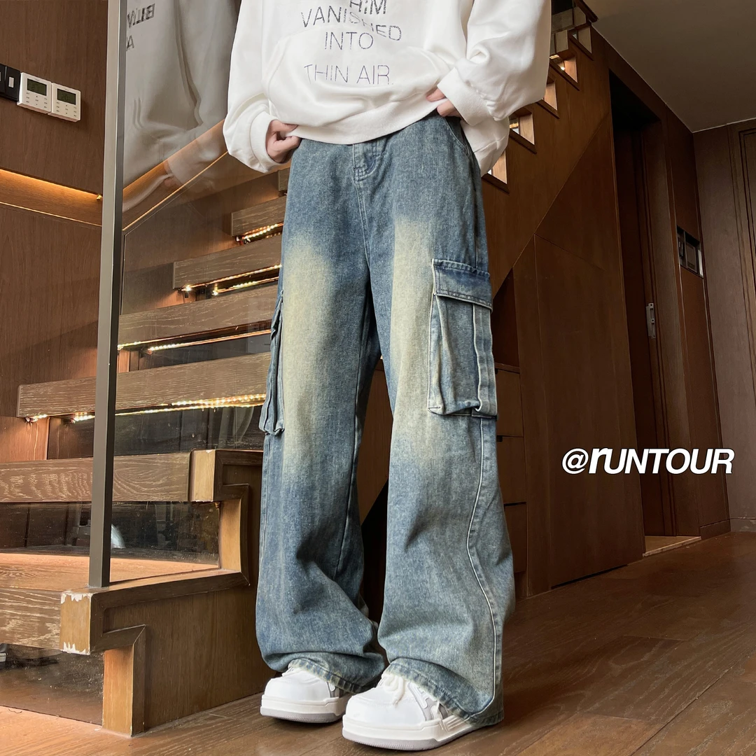 牛仔长裤工装阔腿美式复古宽松裤子潮流男生高级感水洗做旧牛仔裤
