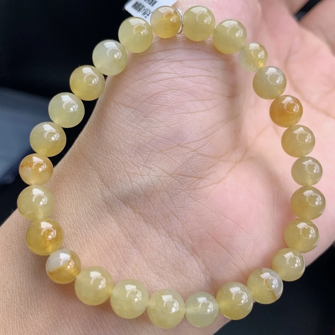 缅甸A货翡翠黄翡桂花糕洒金花圆珠手链手串单圈T卡7mm