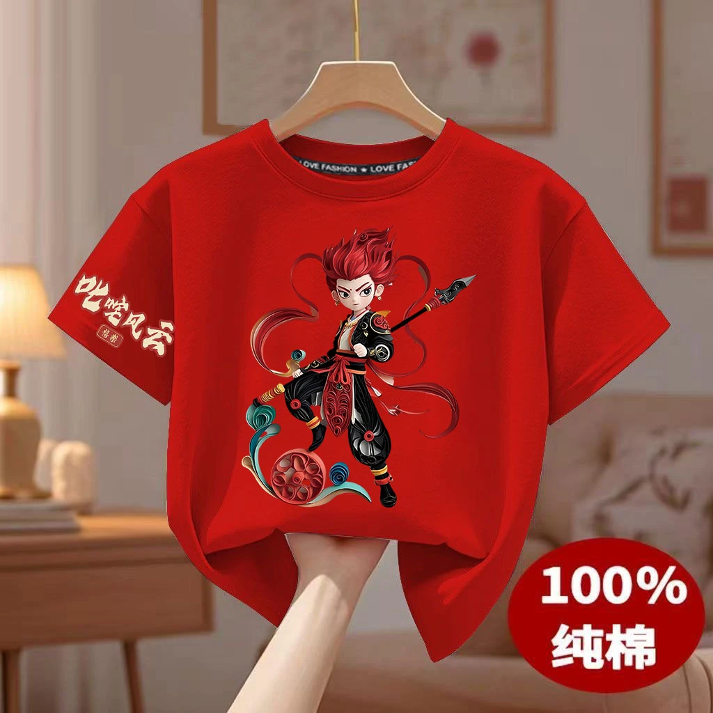 哪吒儿童纯棉短袖T恤2025夏季爆款男女童圆领上衣中大童国潮衣服t