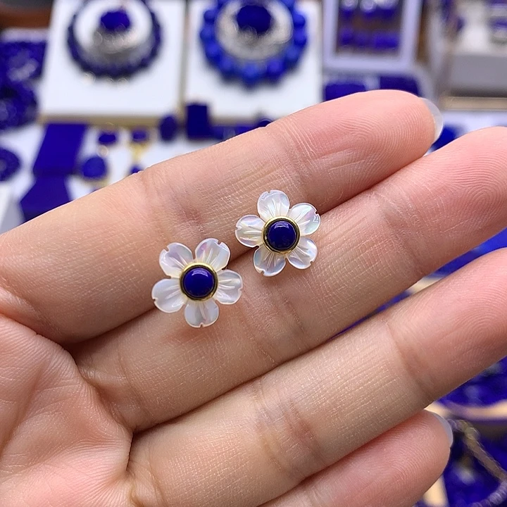 青金石耳钉银S925镀金镶嵌