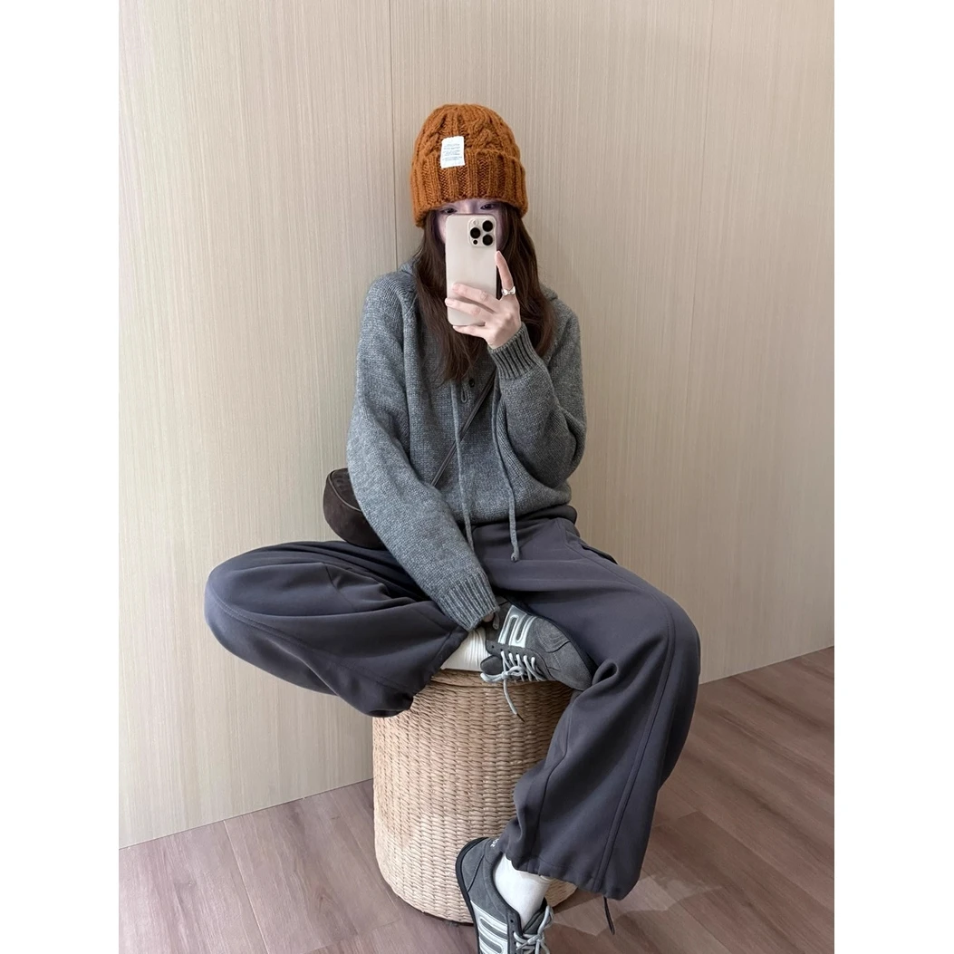 简约风气质纯色帽衫2025秋季新款休闲宽松显瘦抽绳卫衣裤子套装