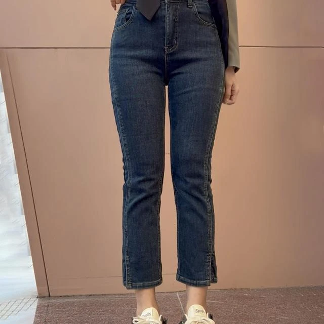 弹力开叉牛仔裤女直筒显高腰瘦大码微胖妹妹梨型身材遮胯烟管裤