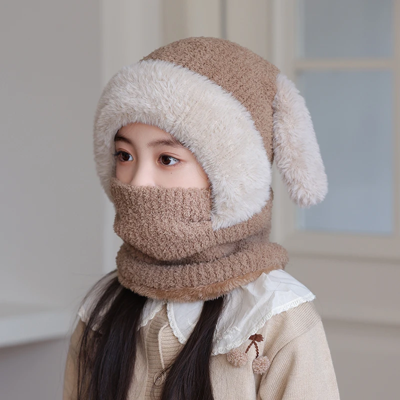 儿童帽子围脖口罩一体冬季男女童加绒保暖护耳户外骑车毛线套头帽