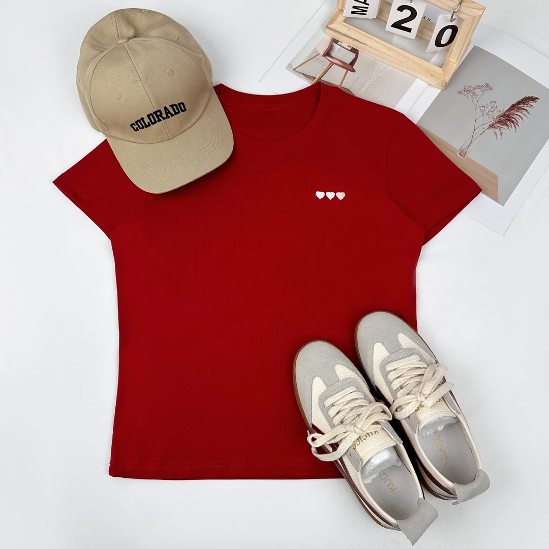 复古爱心刺绣印花撞色透气休闲百搭短袖T恤-ZMADT5137