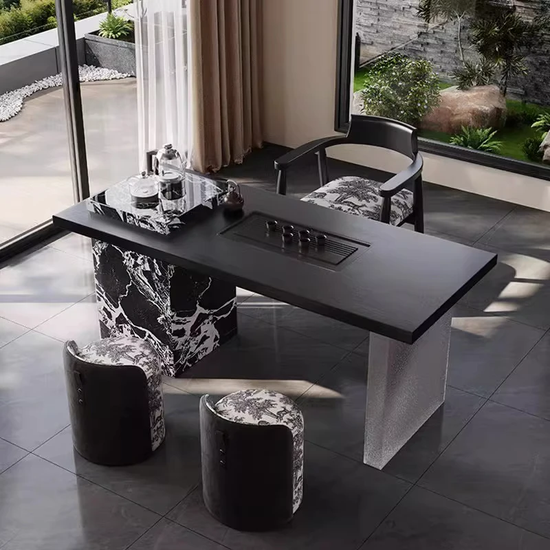 意式岩板茶桌椅组合2025新款高端客厅黑色中国风设计师高级泡茶台