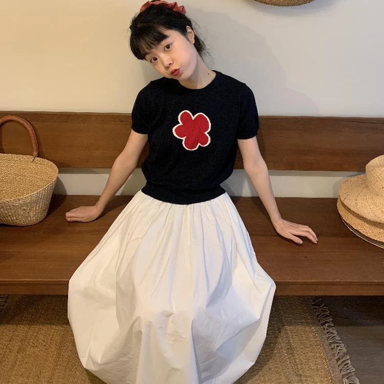 夏季短袖薄款针织衫女藏青色收腰覆古红色花朵撞色高级感时髦上衣