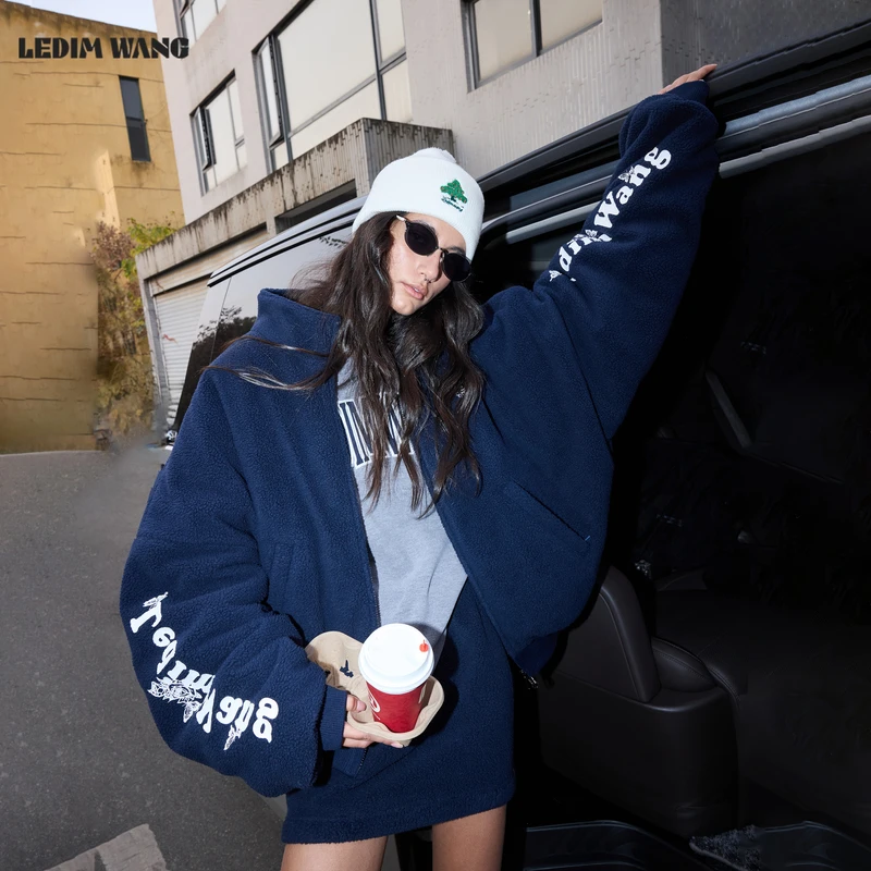 LEDIM WANG运动风摇粒绒时尚套装女双色棉服休闲裤短裙25冬季新款