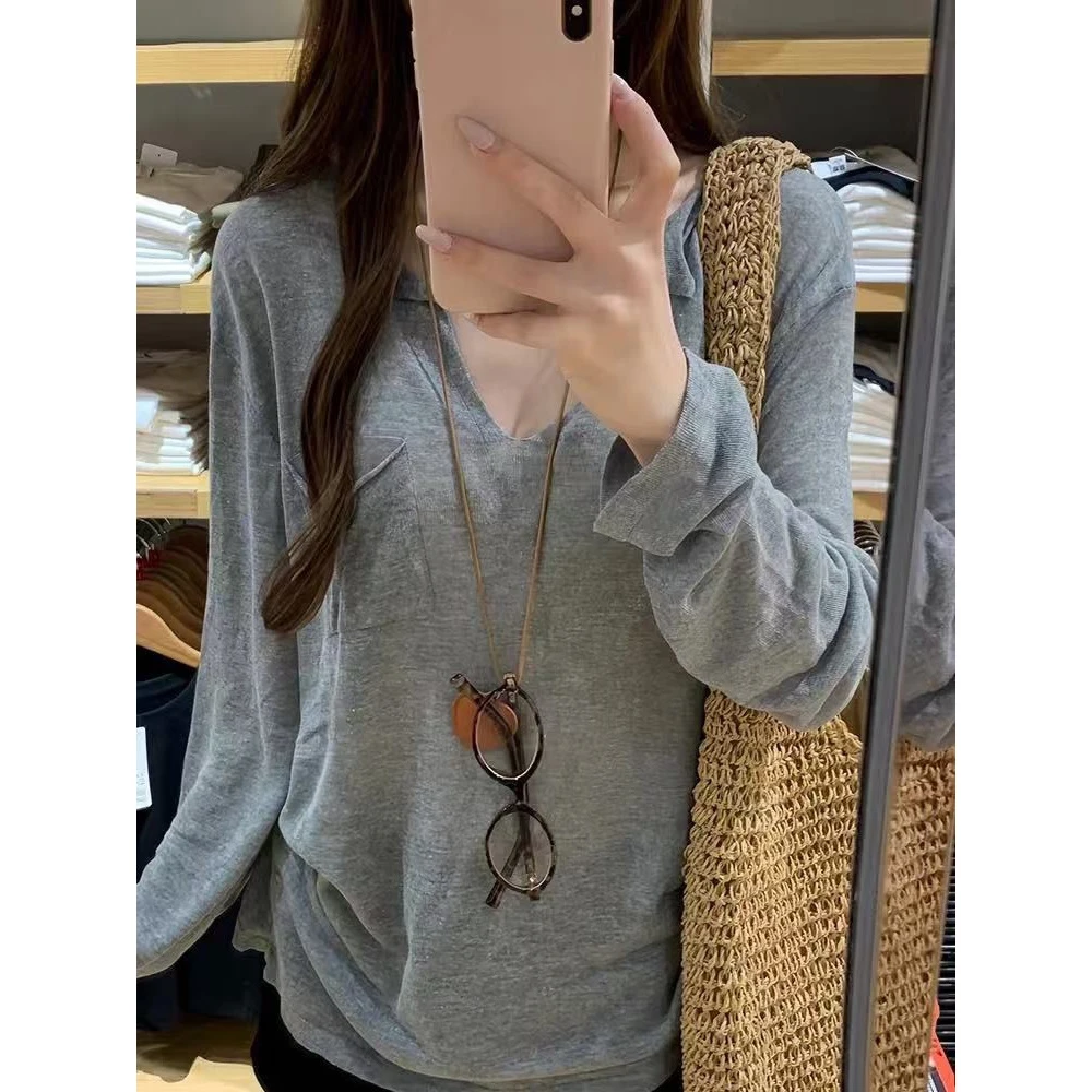 舒服到心坎！韩系v领长袖T恤罩衫女夏夏季宽松薄纱上衣空调衫