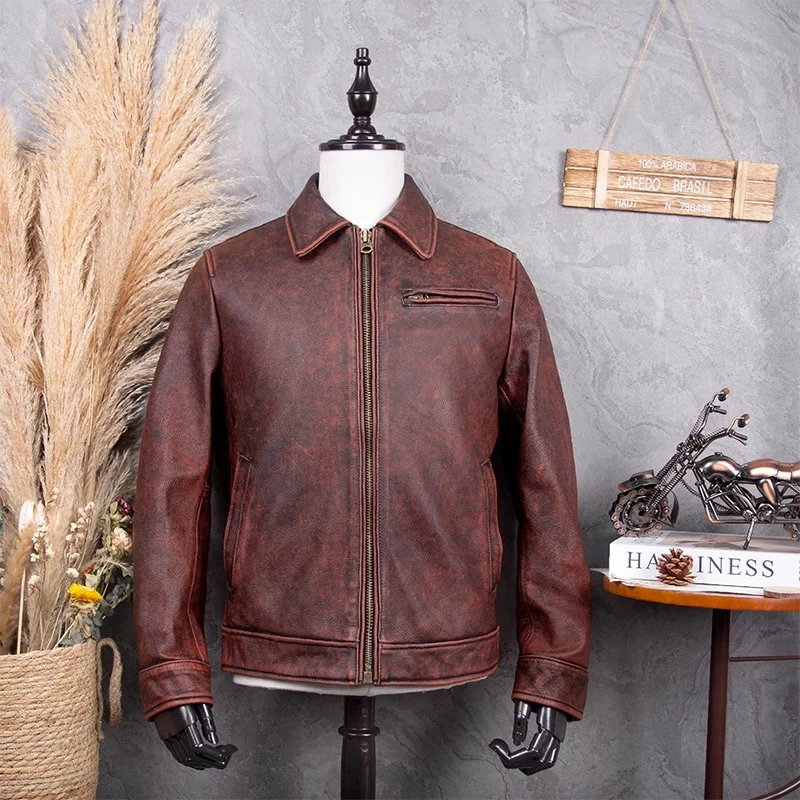 重工水洗石磨做旧经典1930夹克真皮皮衣头层牛皮外套