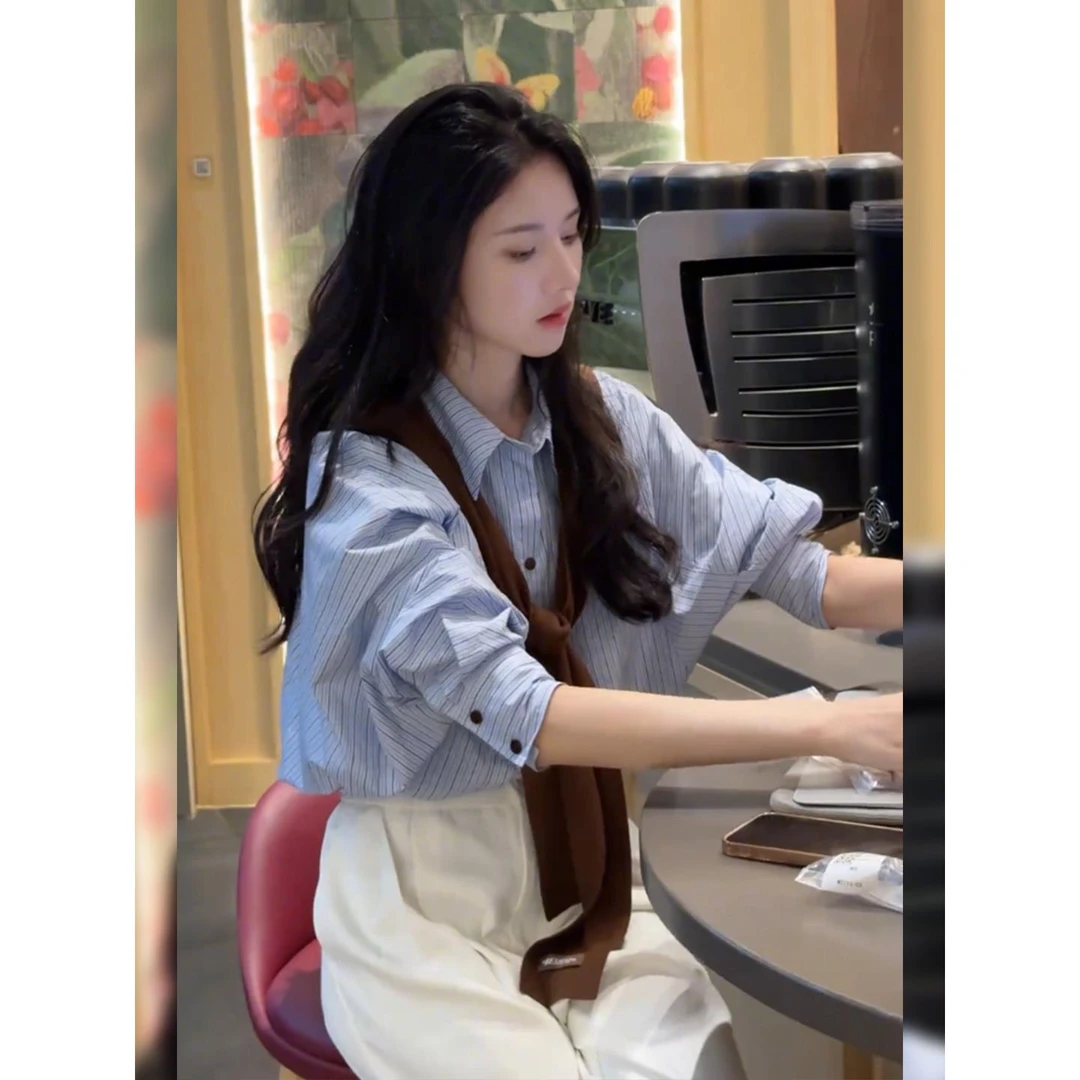 韩系轻熟通勤风时尚套装女装2025早秋新款高级感条纹衬衣百搭上衣