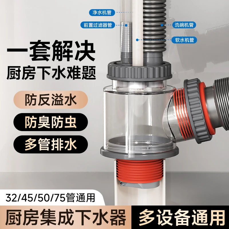 厨房下水管三头通下水道三通分水器五通水槽排水防返臭神器