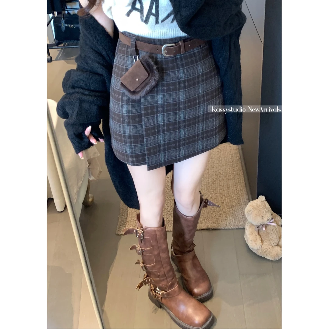 高腰显瘦不规则毛呢格子短裙韩式复古a字半身裙裤女新款时尚套装