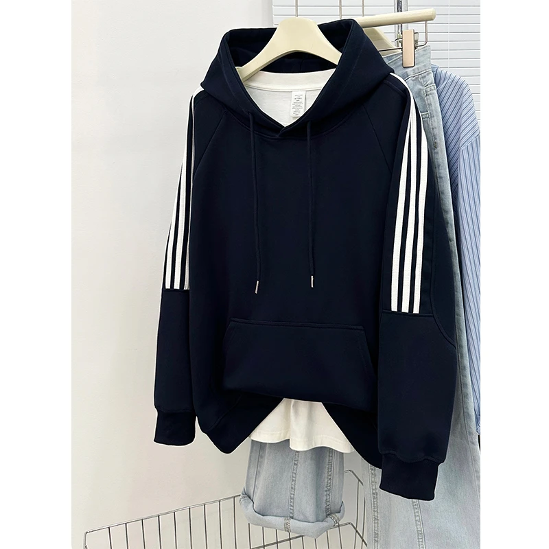 美式高街三条杠连帽卫衣女2025秋冬款重磅大码宽松休闲帽衫外套潮