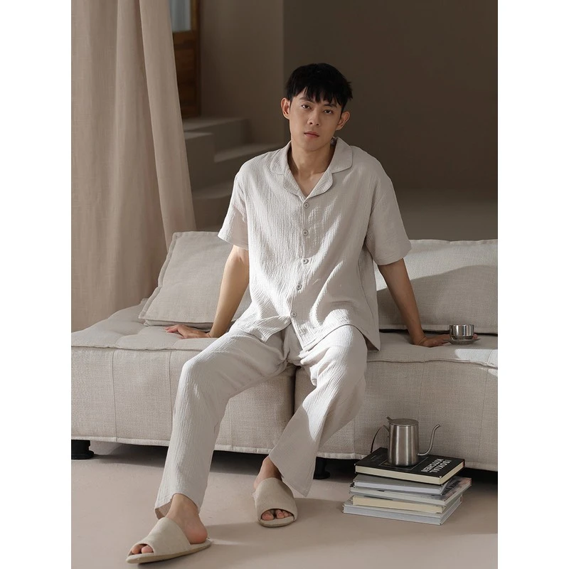 婴儿棉梭织双层纱布睡衣男夏季新款短袖长裤开衫家居服套装夏