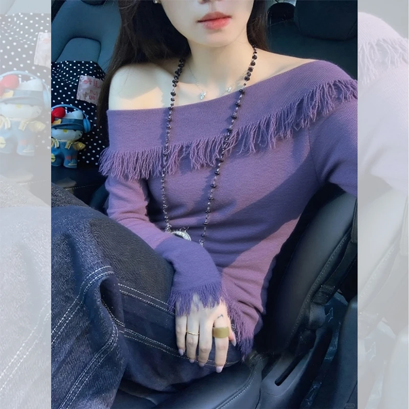 独特漂亮内搭紫色一字肩流苏边针织小衫毛衣女装秋冬洋气高贵上衣