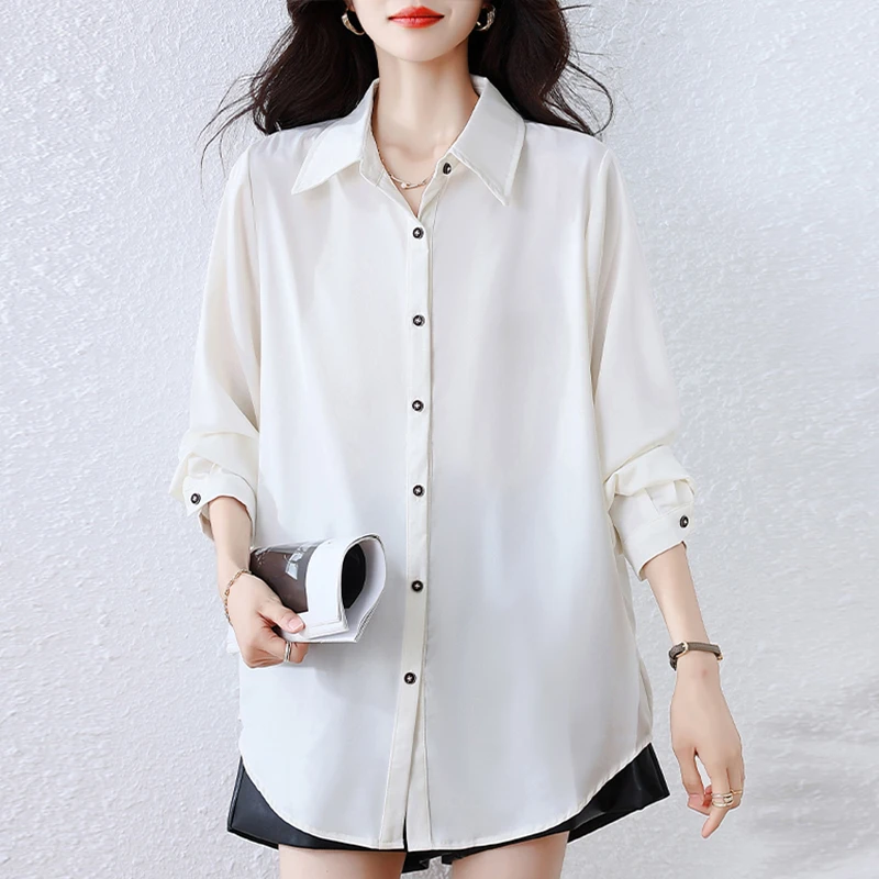 纯色显瘦宽松休闲polo领洋气上衣春秋气质减龄长袖衬衫女百搭小衫