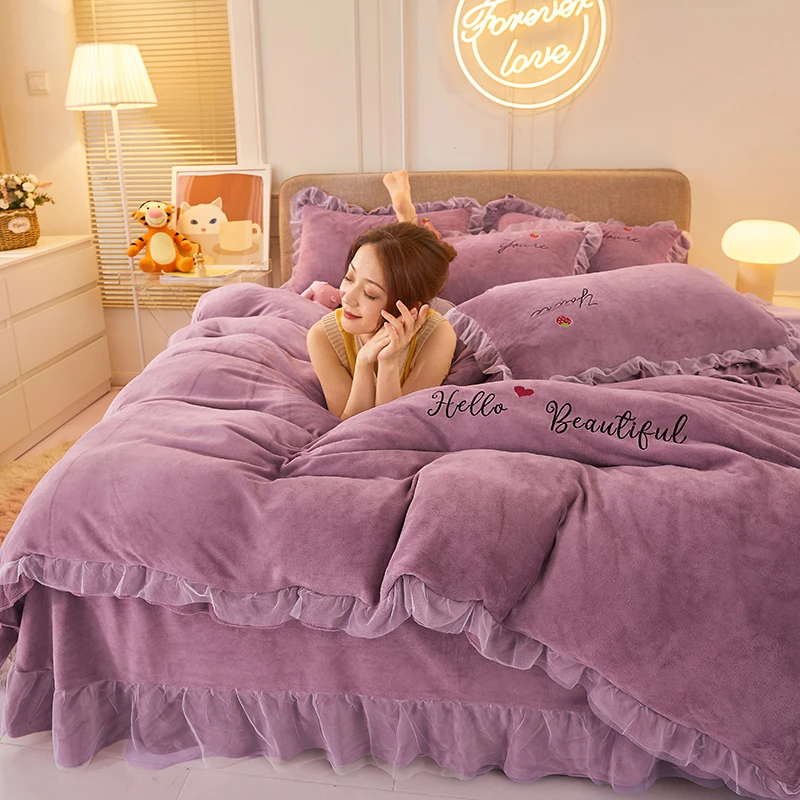 新款冬季加厚韩版公主风保暖牛奶绒四件套双面绒被套床单床裙款