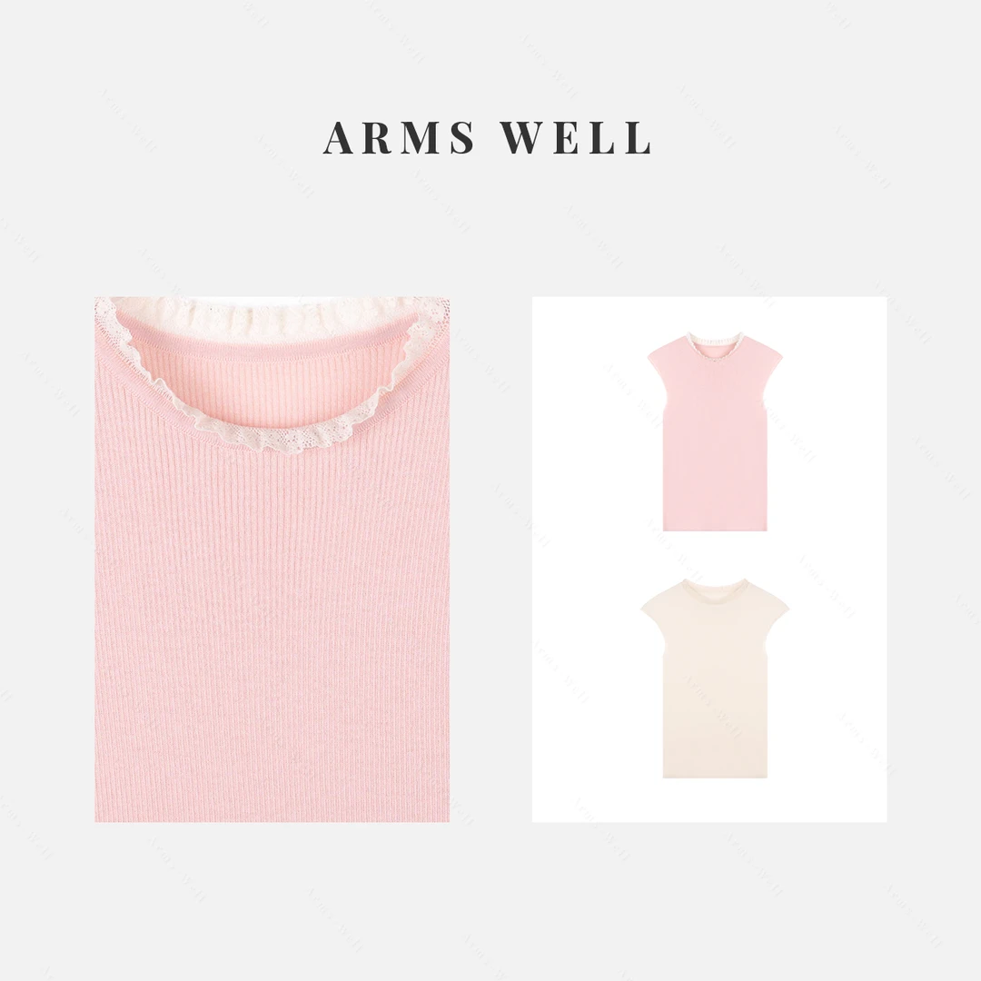 ARMS WELL王囡囡 白/粉色花边领绵羊毛针织无袖背心（无胸垫）S357