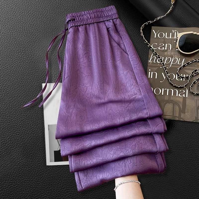 醋酸冰丝阔腿裤女春夏季2025新款缎面提花垂感松紧显瘦紫色直筒裤