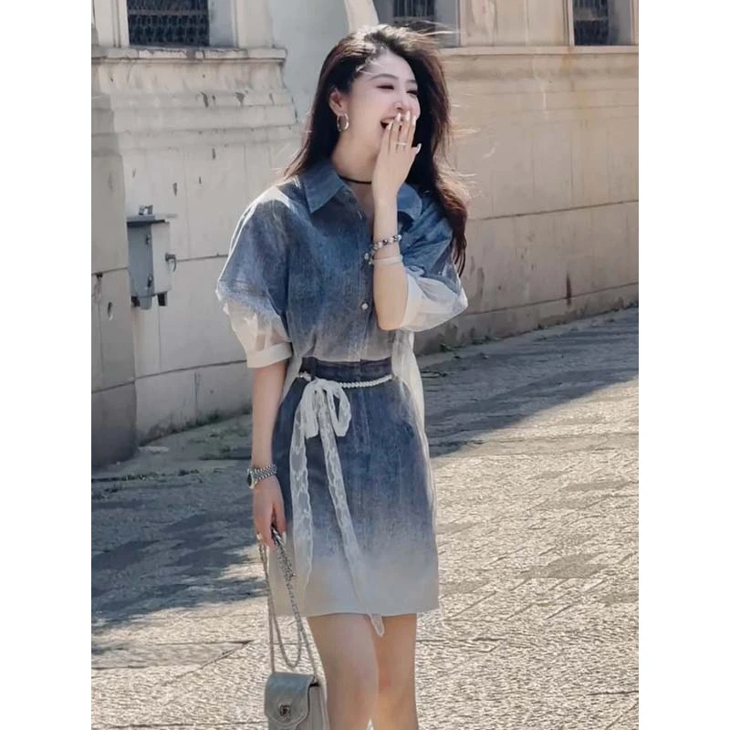 【送腰带】A271 渐变时尚设计感满满显瘦短款收腰连衣裙