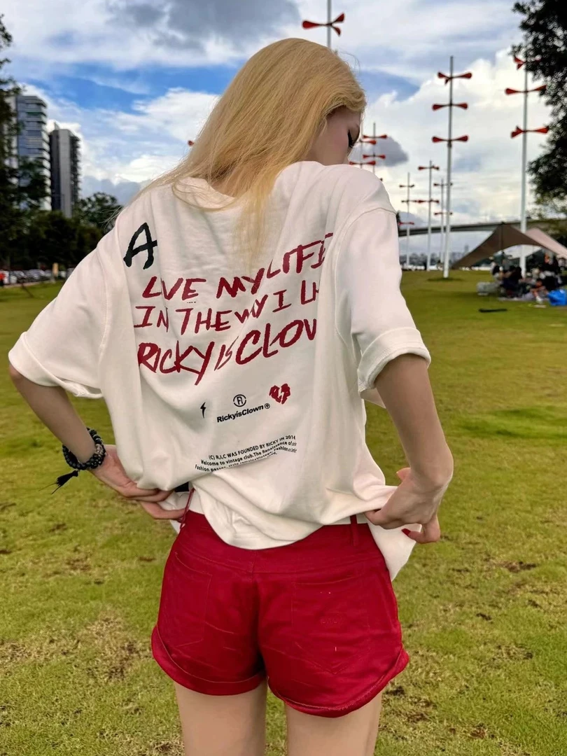 慵懒美式高街字母印花落肩t恤女夏季白色oversize设计感